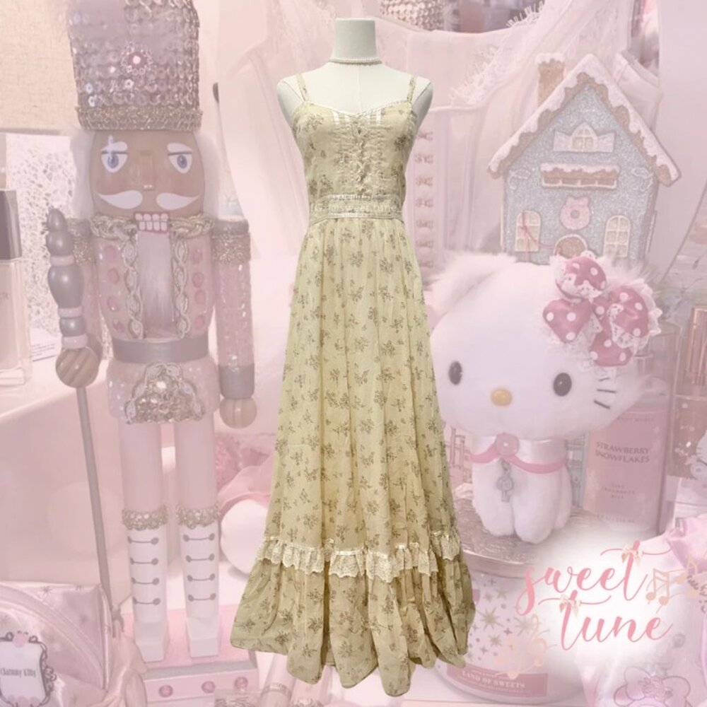 Gunne Sax yellow floral pearl buttoned maxi sundress